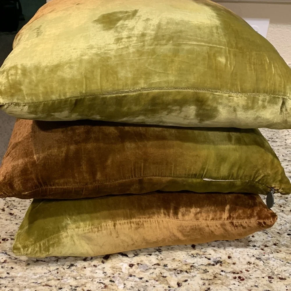 Pier One Velvet Two Color Green Brown Square Decorative Pillow Set